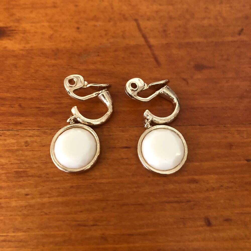 Monet Gold Tone Clip Earrings White Disc Drop Minimalist Vintage Classic